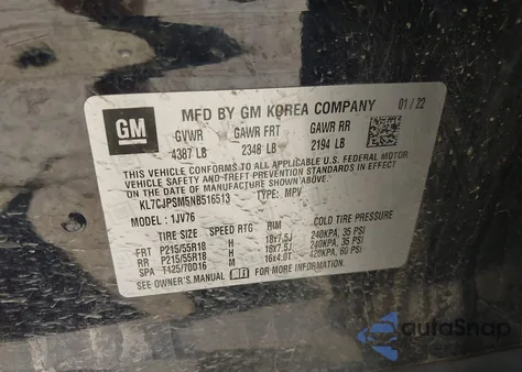 2022 Chevrolet Trax Awd Lt z USA, uszkodzony, nr VIN KL7CJPSM5NB516513